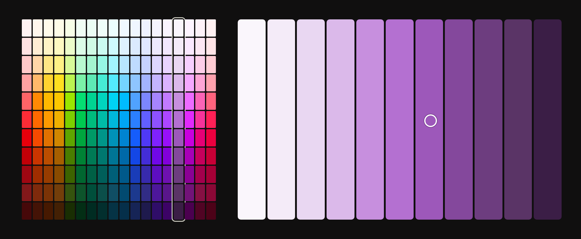 Tailwind's color ramps in a grid with a new purple ramp slotted in among them, beside the new ramp drawn large with the starting color circled