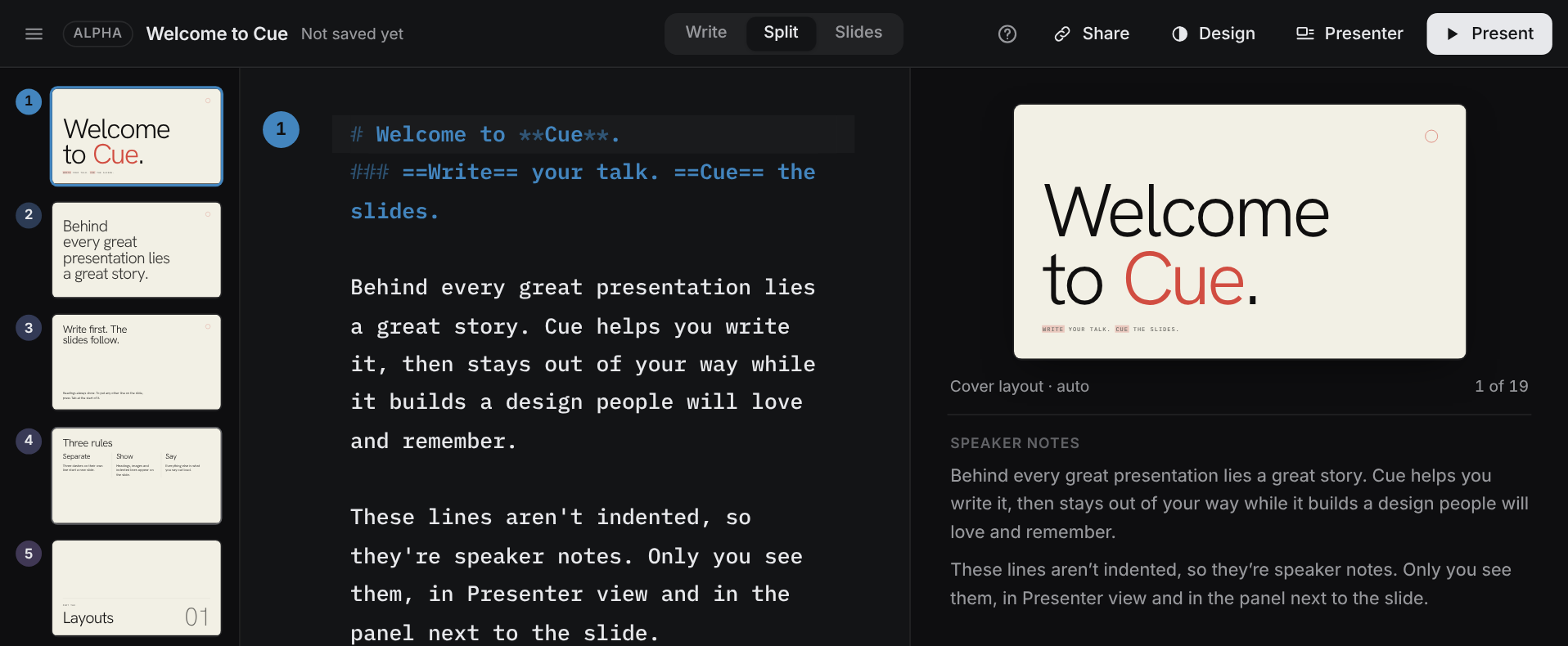 The Cue editor in split view: markdown on the left, and on the right the slide it makes, Welcome to Cue, in large type with Cue in red