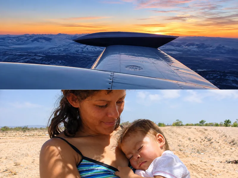 Above: the wing over snowy mountains in low golden light. Below: a mother holds her sleeping baby in the Baja desert.