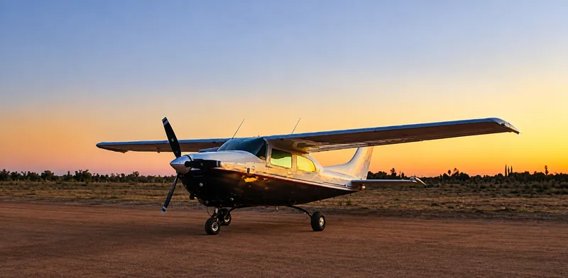 A Cessna T210 parked on a dirt airstrip in Baja California Sur, the sun low on the horizon