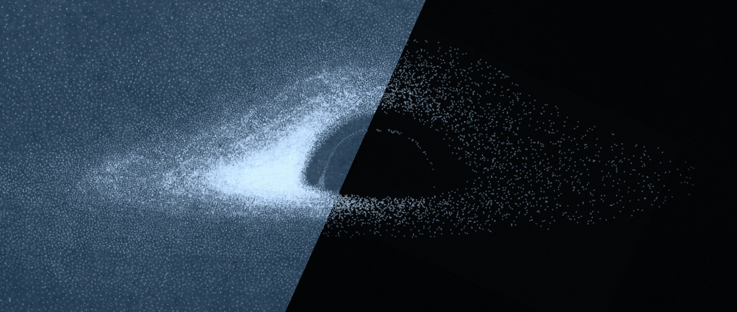 A dot-rendered simulation of a black hole: a bright accretion disk bending around a dark shadow