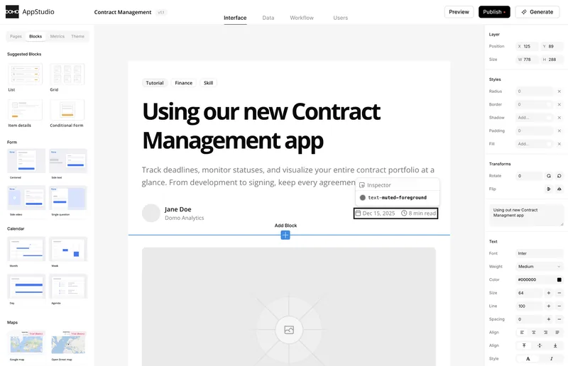 Domo App Studio editor with a block library, a page in progress and a properties panel