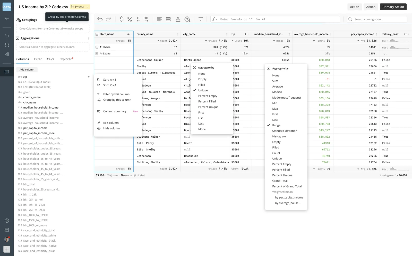 SuperGrid grouped by state with menus for sorting, grouping and choosing how each column aggregates