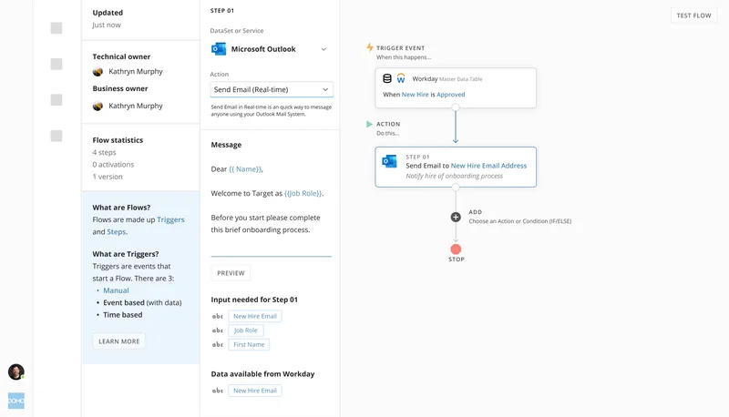 A Domo workflow for new hire onboarding: when Workday approves a new hire, Outlook sends them a welcome email