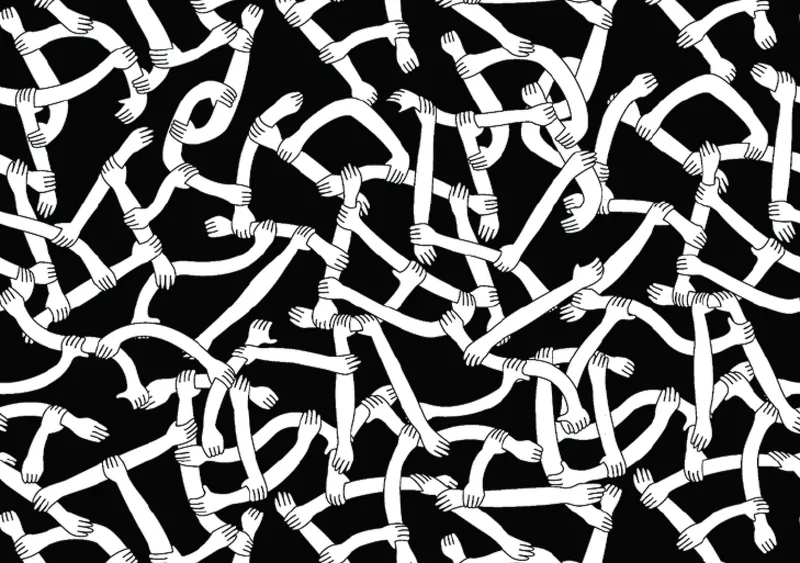 A black-and-white illustration of dozens of long white arms tangled together, each hand gripping another arm's wrist